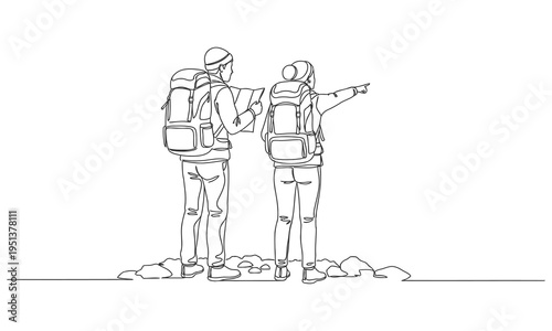 Single one line drawing smiling couple planning the route and looking at the map. Travel, vacation, holidays and adventure
