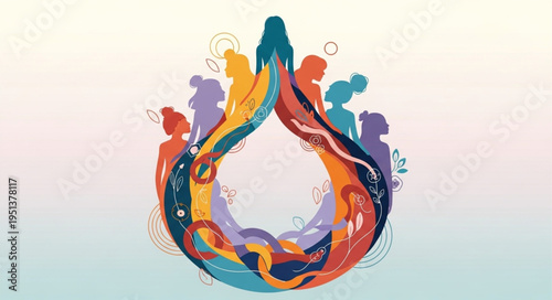 Diverse group of women forming a colorful abstract shape.