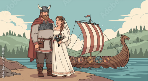 Viking couple in wedding attire on shore beside a longship