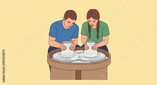 Two people creating ceramic pots on pottery wheels with focused expressions