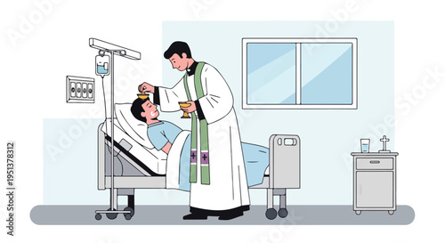 Clergyman administering sacrament to patient in hospital room with IV drip