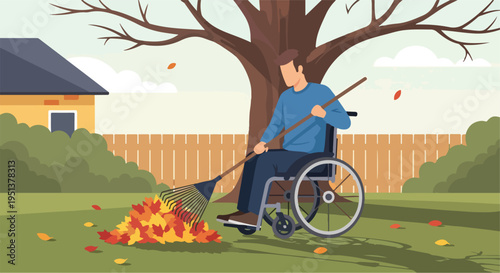 Person in wheelchair raking leaves under a tree in autumn