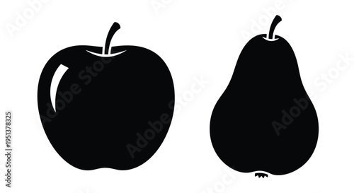 Black silhouettes of an apple and pear against a white background silhouette