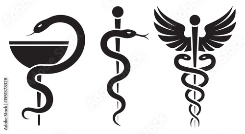 Caduceus medical snake icon set, winged staff intertwined serpents flat vector symbol, pharmacy healthcare emblem, isolated transparent background design pack