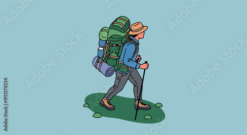 Person wearing a large backpack and hat, walking with hiking poles