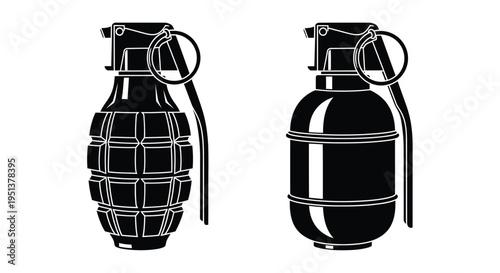 Two black grenades displayed side by side in a stark silhouette