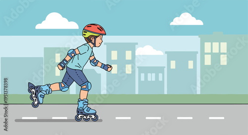 A young person wearing protective gear rollerblades down a city street