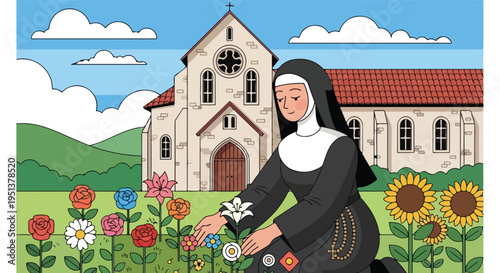 A nun tends to a vibrant garden beside a picturesque church under a cloudy sky