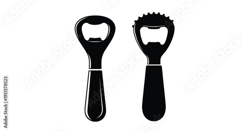 Two bottle openers in black side by side stylized illustration silhouette