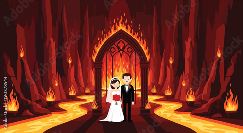 Cartoon couple in wedding attire stands in fiery underworld with lava rivers