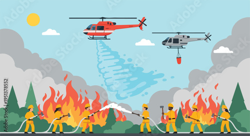 Firefighters and helicopters battle a raging forest fire