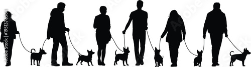 Silhouettes of people walking dogs with leashes, group pet care activity representing community, outdoor lifestyle, companionship, and animal vector design.