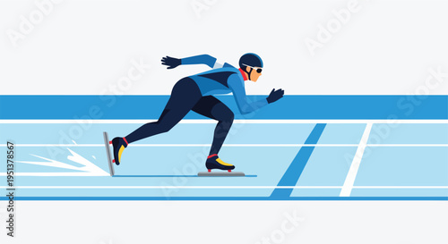A speed skater in blue attire glides across a blue track with white lane markers