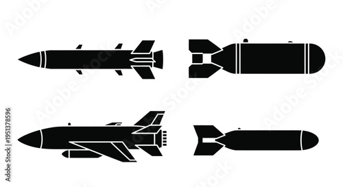 Four different missile designs shown in a stark black silhouette