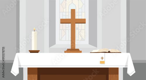 Altar with a cross, candle, and open book on a draped table