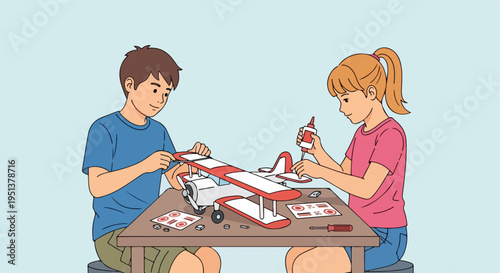 Two children assemble a model airplane with glue and tools