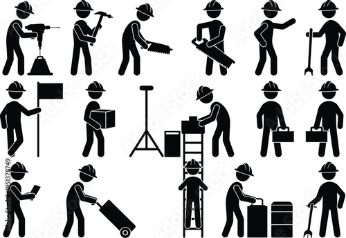 Construction worker silhouettes collection, hard hat, manual labor, drilling, hammering, sawing, lifting, carrying, pushing, climbing, building, tools, industry, work