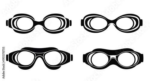 Four pairs of swimming goggles displayed in a stark black silhouette