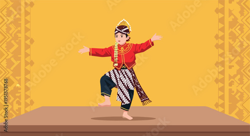 Child in traditional red and batik outfit dances gracefully on stage