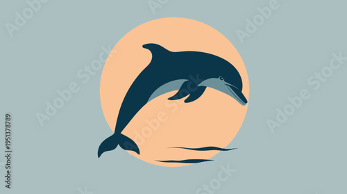 Jumping Dolphin Silhouette Against Sunset Flat Illustration