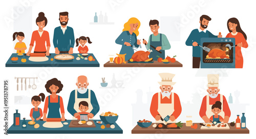 Diverse families and generations preparing holiday feasts together in kitchens