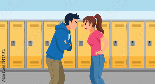 Two upset teenagers facing off with anger in a school hallway near lockers