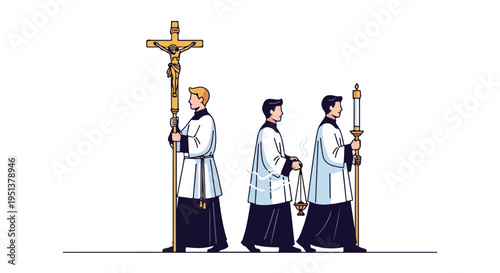Religious procession with three figures carrying a cross, censer, and candle