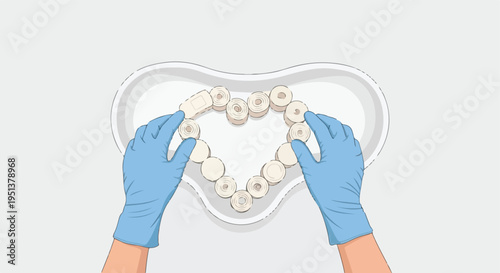 Hands in gloves arranging bandages into a heart shape on a tray