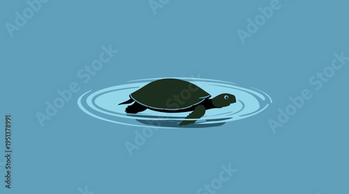 Minimalist Sea Turtle Swimming Illustration on Blue Background