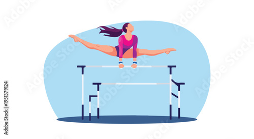 Female gymnast performing a split leap on uneven bars in a stylized illustration
