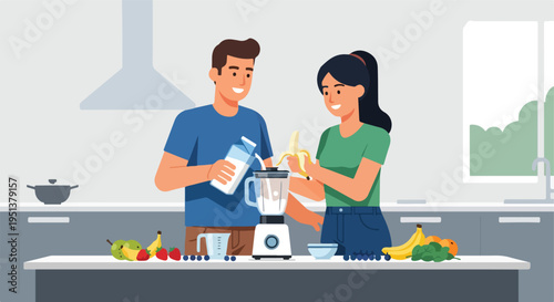 Couple prepares a healthy smoothie in a modern kitchen with fresh fruits