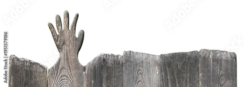 Weathered Wooden Fence Planks Featuring A Unique Hand Shaped Carved Post Isolated On White Background