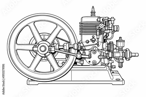 Vintage Stationary Engine Mechanical Line Art Illustration