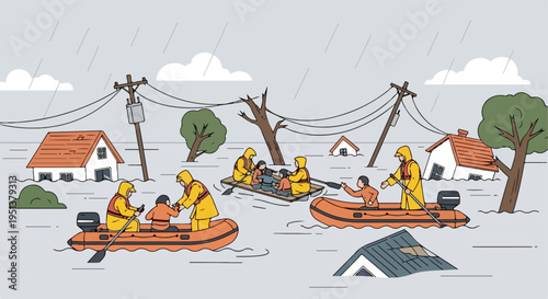 People in boats rescue others from flooded houses during a rainstorm