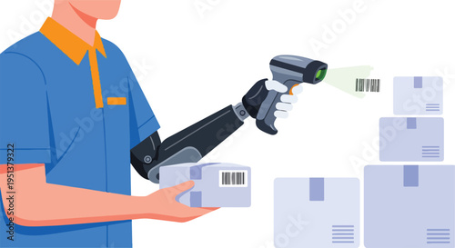 Person with robotic arm scans package with barcode scanner near stack of boxes