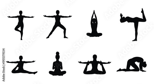 Diverse yoga poses depicted in black minimalist silhouettes