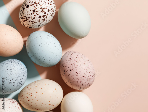 Pastel Speckled Eggs Flat Lay on Soft Minimal Background