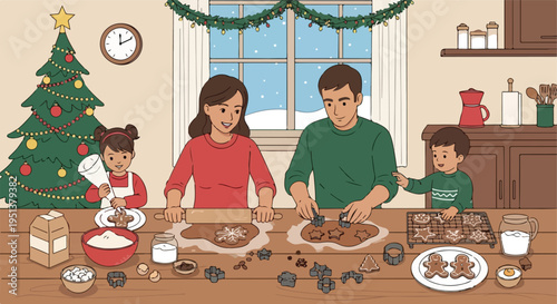 Family bakes Christmas cookies together in a cozy kitchen with snow falling outside