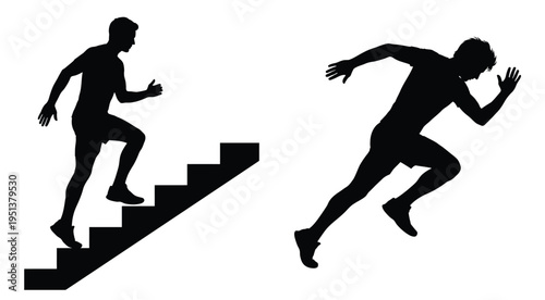 Two men in dynamic poses one ascending stairs a striking silhouette