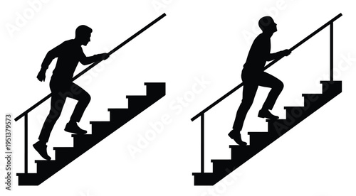 Man ascending stairs in two distinct poses a striking black silhouette