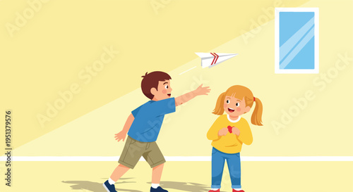Children play with a paper airplane in a room with a window