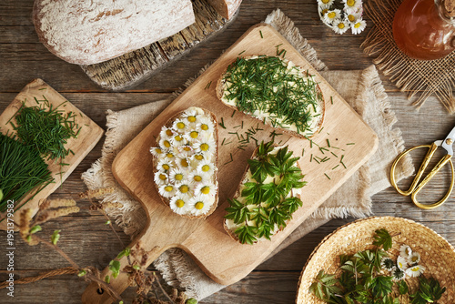 Sourdough bread with spring wild edible plants - ground elder, common daisy and crow garlic