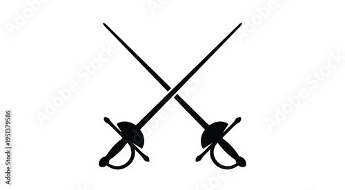 Two crossed fencing swords presented in a stark dramatic silhouette