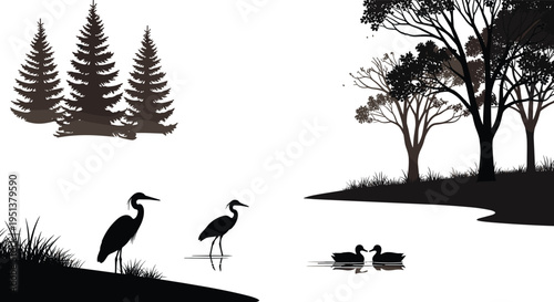 Lake landscape silhouette vector illustration, heron and duck birds on water, pine and deciduous forest trees isolated on white background, nature.