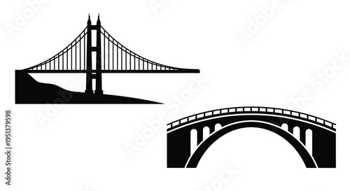 Golden gate bridge and arched bridge design in black silhouette