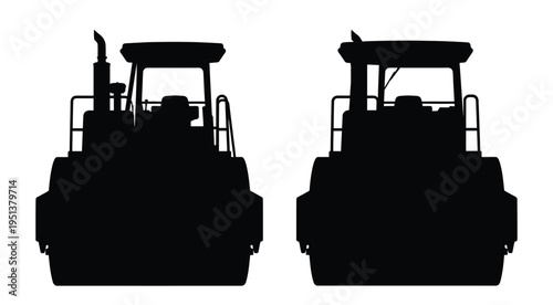 Two construction bulldozers shown head on in a stark black silhouette