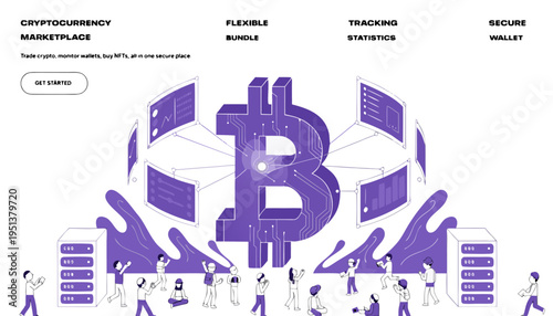 Cryptocurrency Marketplace Landing Page Concept with Bitcoin Logo and Data Analytics Dashboards.eps