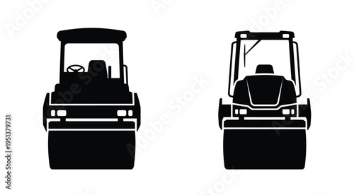 Two road rollers depicted front and side a striking black silhouette