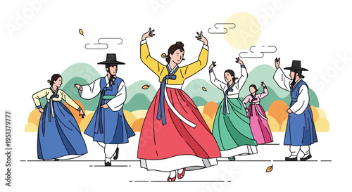 People in traditional Korean clothing dance joyfully under a stylized moonlit sky