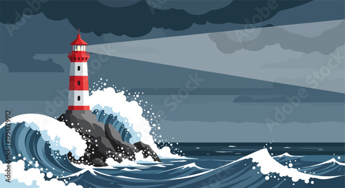 A solitary lighthouse stands against a stormy sea, its beam cutting through dark clouds